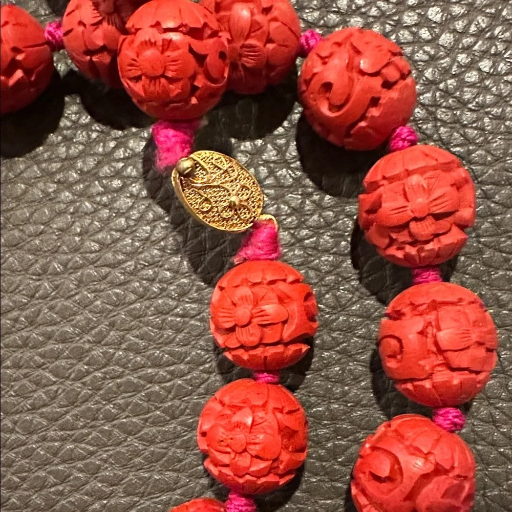 Vintage Hand Carved 28” Cinnabar Necklace